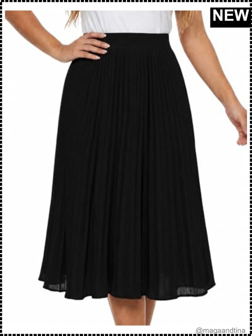 Pleated Midi Skirt High Waisted A-Line Chiffon Lined Pull-On Work Office